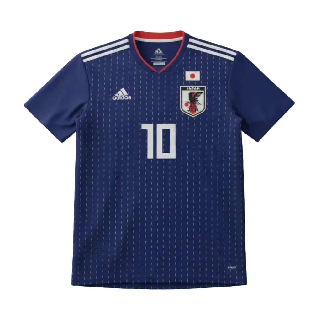 Blue sports jersey with branding on a white surface