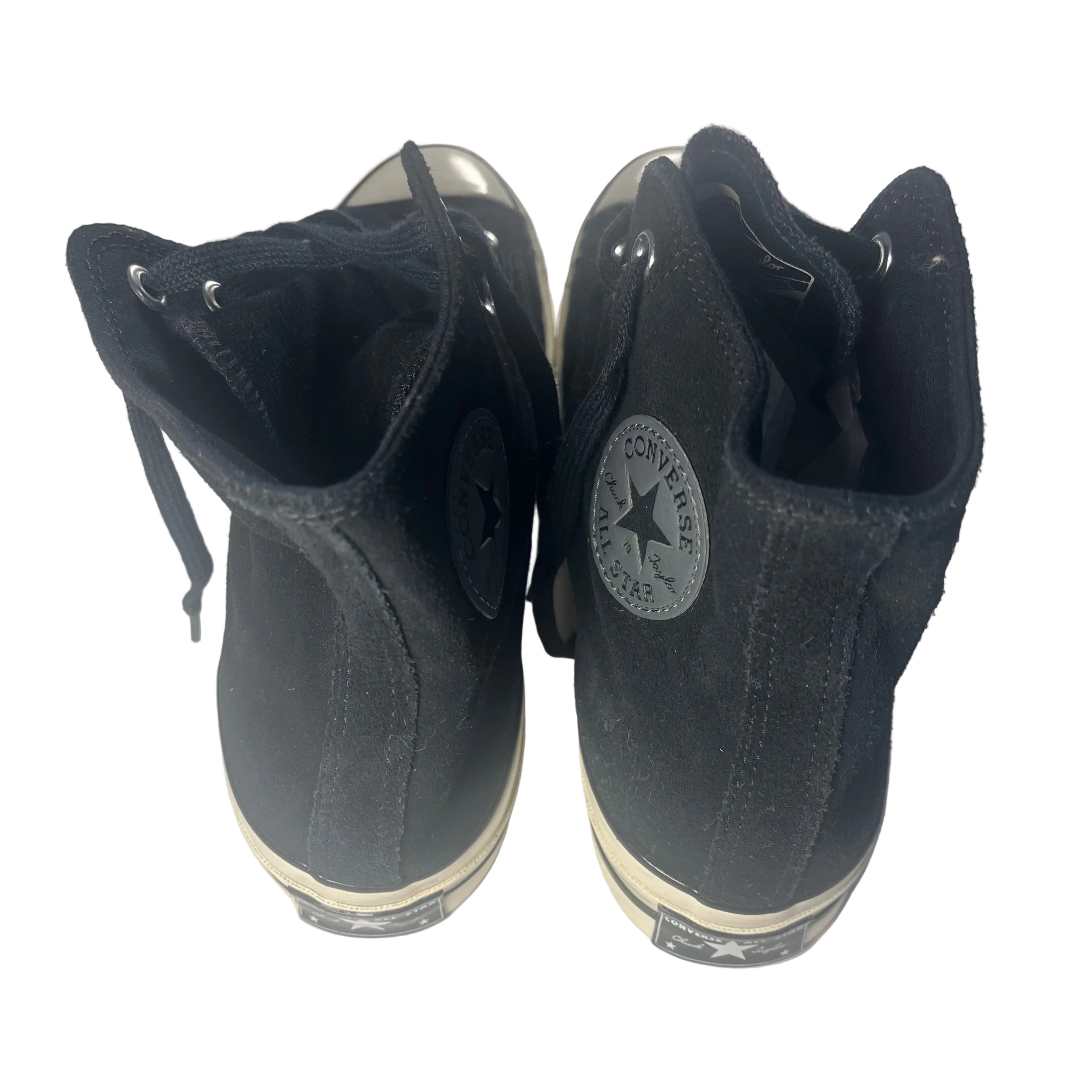 Black high-top sneakers with Converse logo on a white background