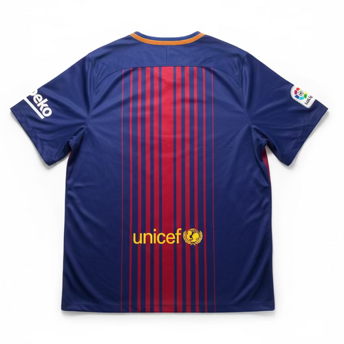 Blue sports jersey with red stripes and Unicef logo on a white background