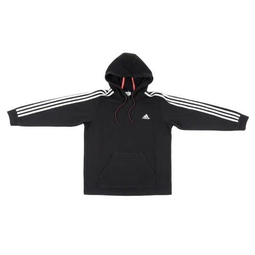 Black Adidas hoodie with white stripes on a plain background