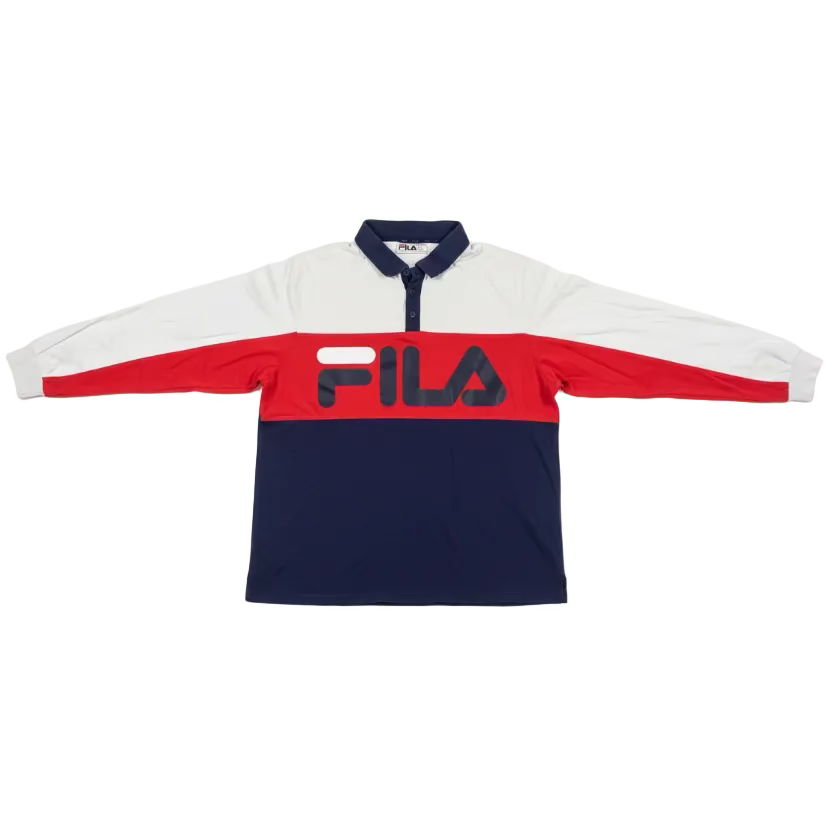 Fila shirt with red, white, and blue design on a white background