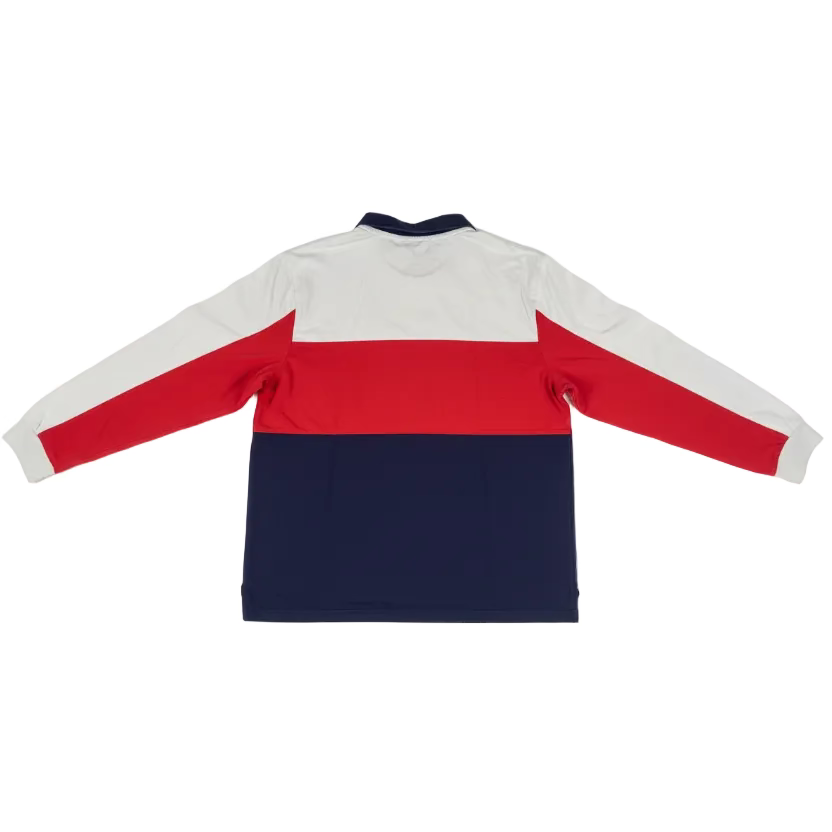 Color-blocked jacket with red, white, and blue sections on a white surface.