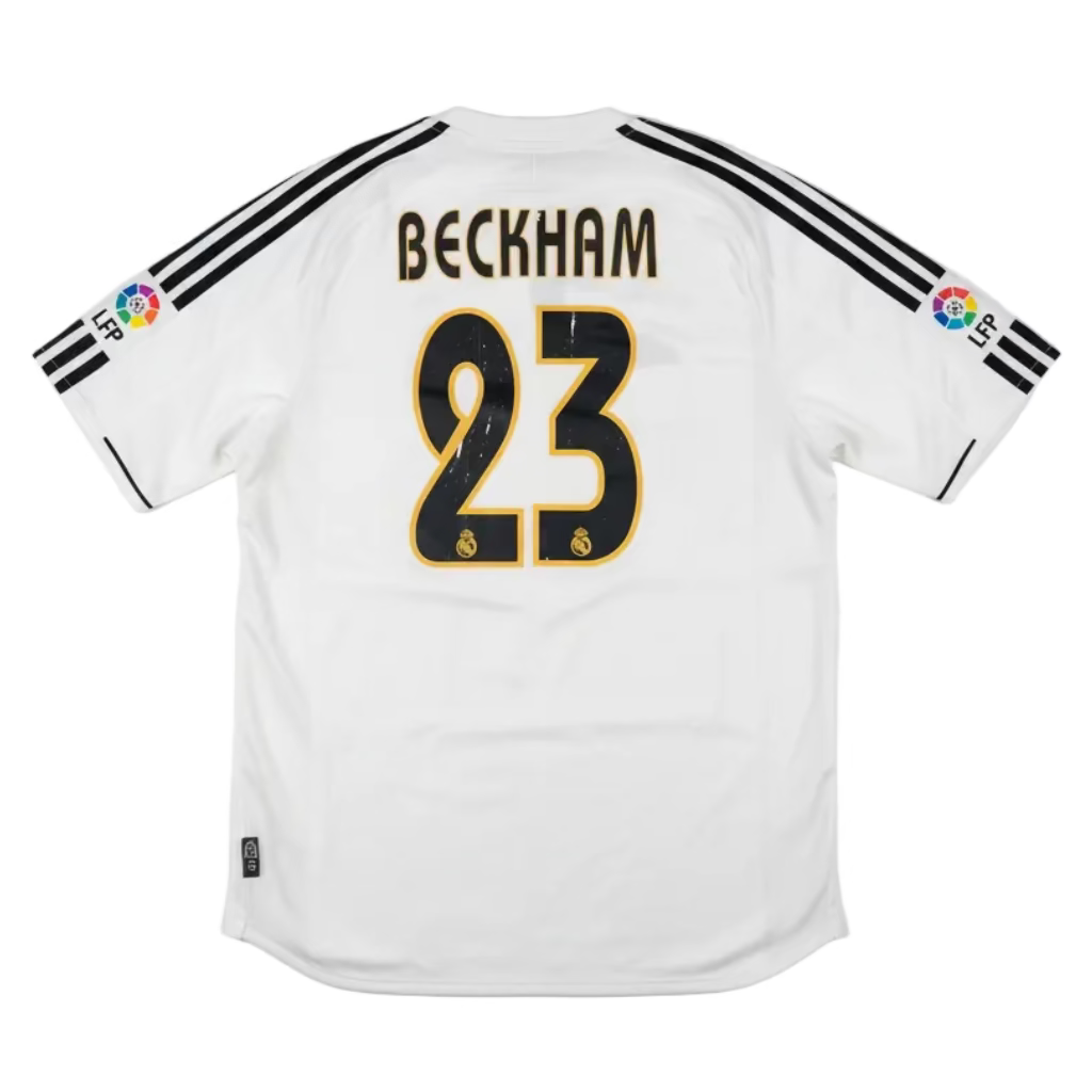 White sports jersey with 'Beckham 23' printed on it, displayed on a white surface.