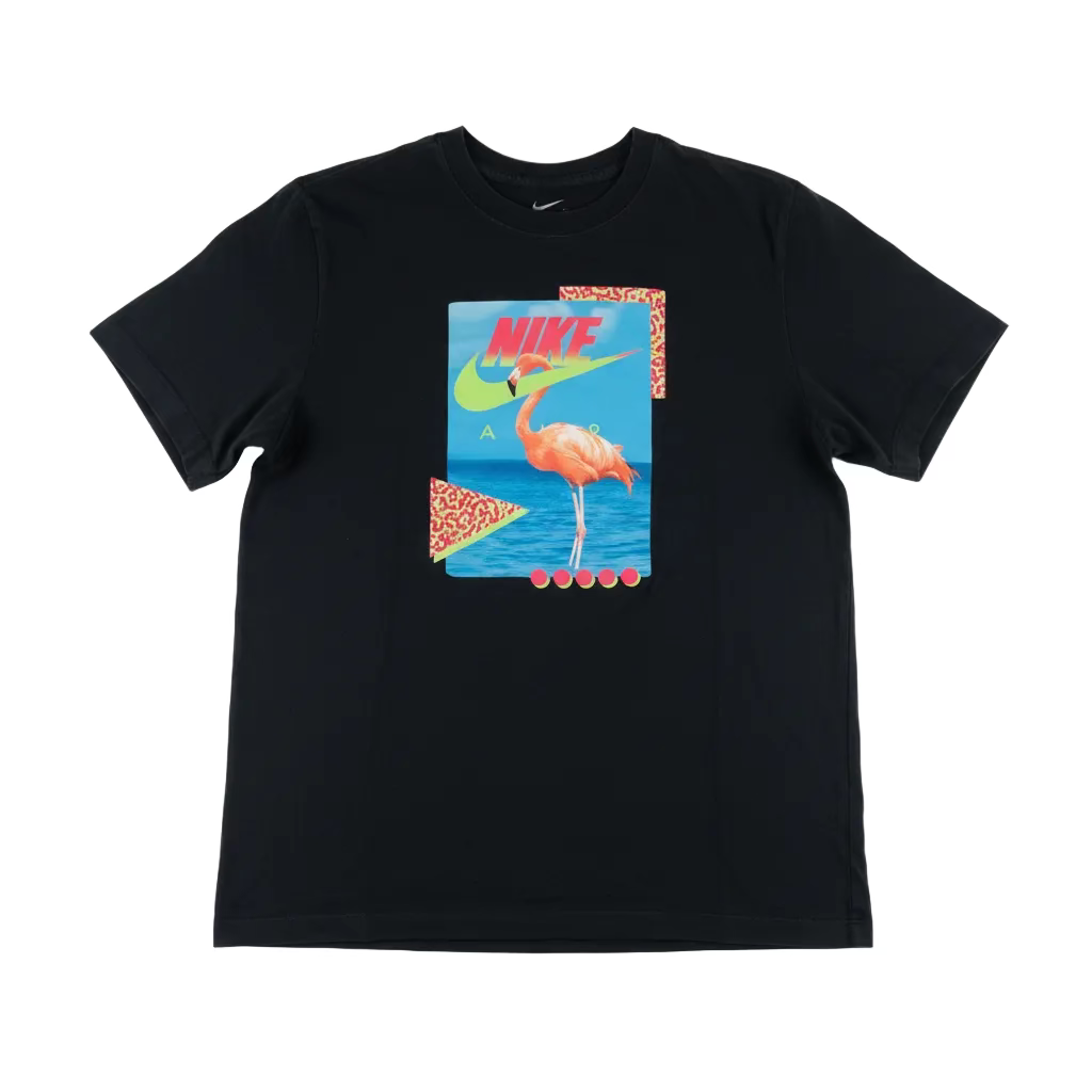 Black t-shirt with colorful graphic design on a white surface
