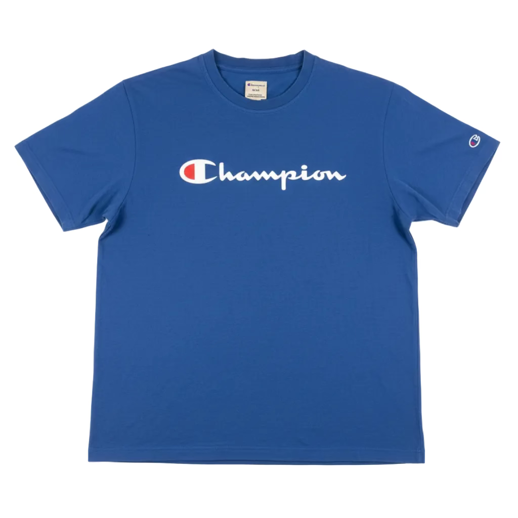 Blue t-shirt with Champion logo on a white surface