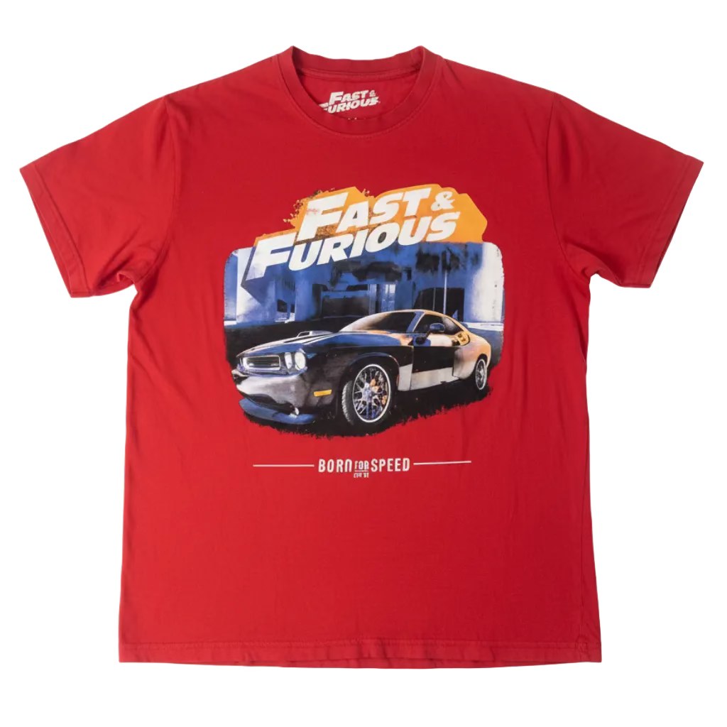 Red t-shirt with 'Fast & Furious' graphic design on a white background