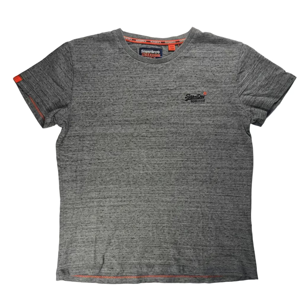 Gray t-shirt with brand logo on a white surface