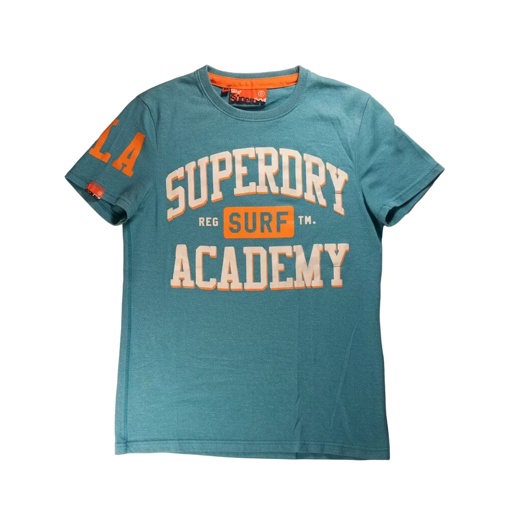 Blue t-shirt with 'Superdry Surf Academy' text on a light background
