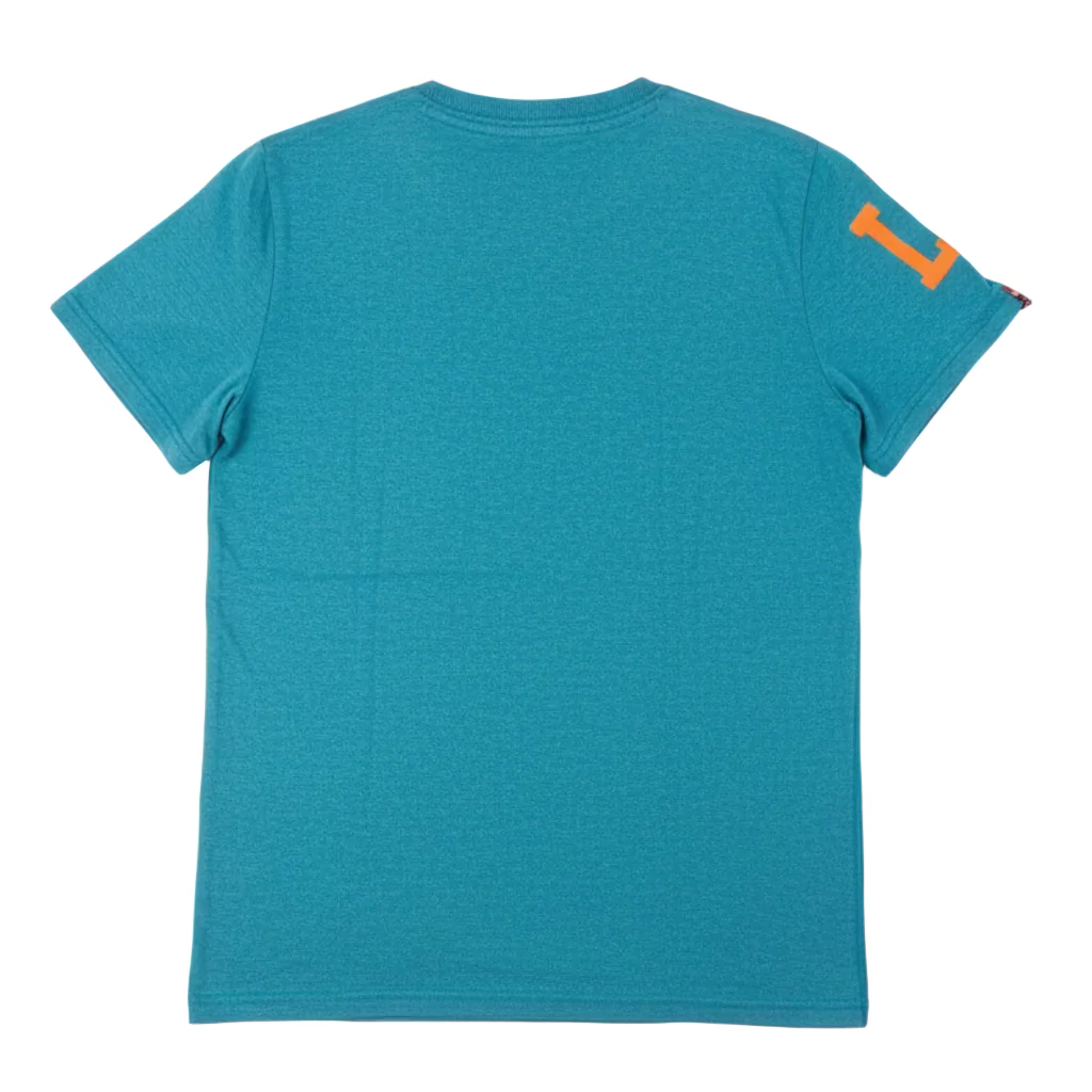 Blue t-shirt with an orange logo on a beige surface