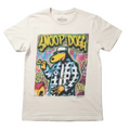White t-shirt with colorful graphic design featuring 'Snoop Dogg' on a white background