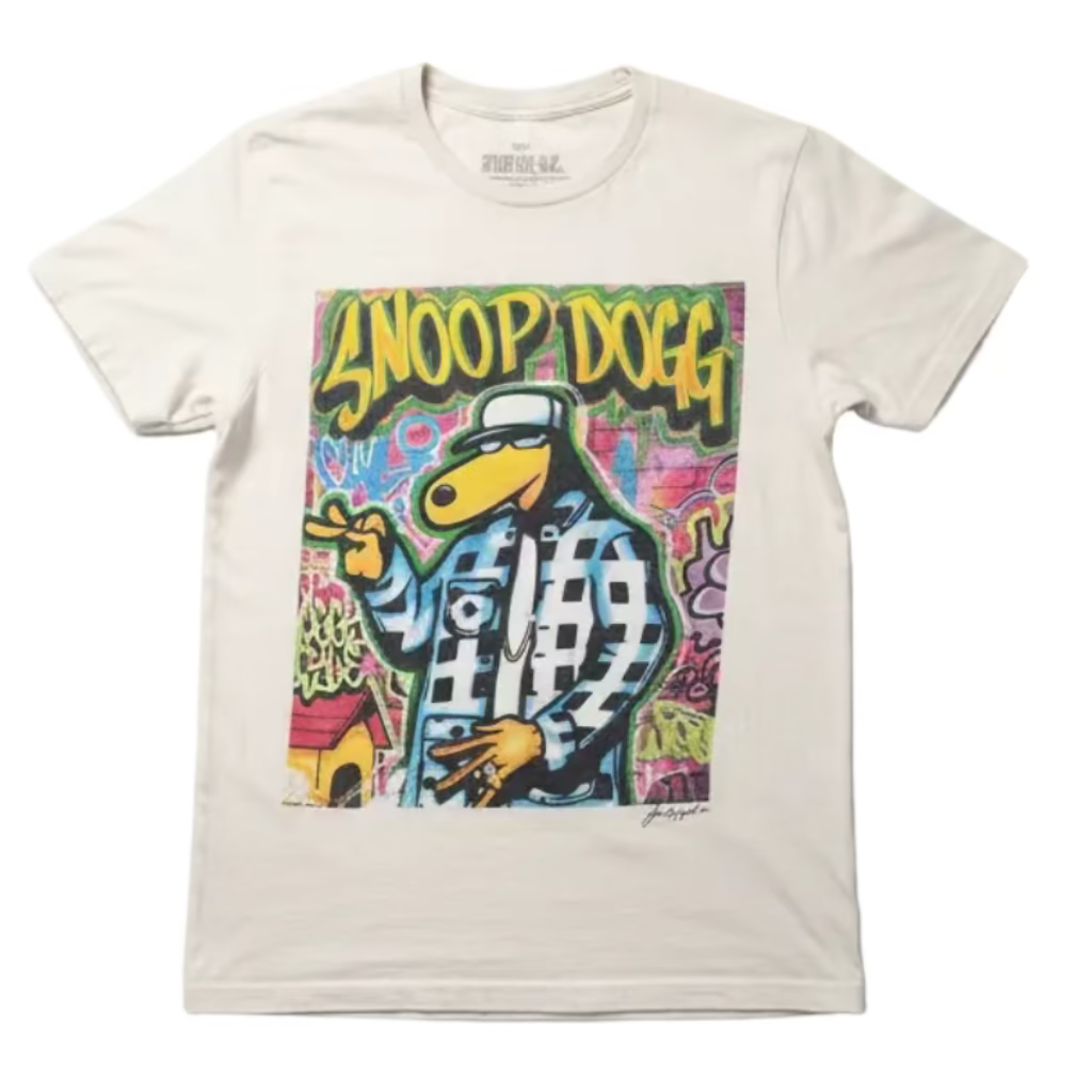 White t-shirt with colorful graphic design featuring 'Snoop Dogg' on a white background