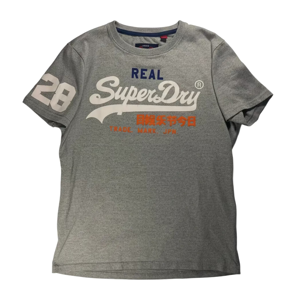 Gray t-shirt with SuperDry logo on a white background