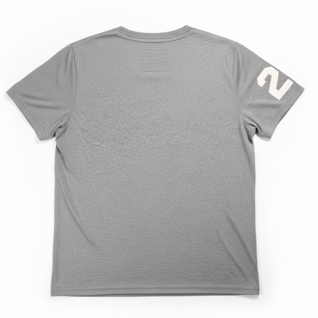 Gray t-shirt with a logo on the sleeve against a white background