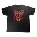 Black t-shirt with a colorful logo on a white background
