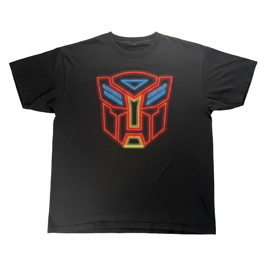 Black t-shirt with a colorful logo on a white background