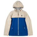 Two-tone jacket with beige hood and blue body on a white surface.
