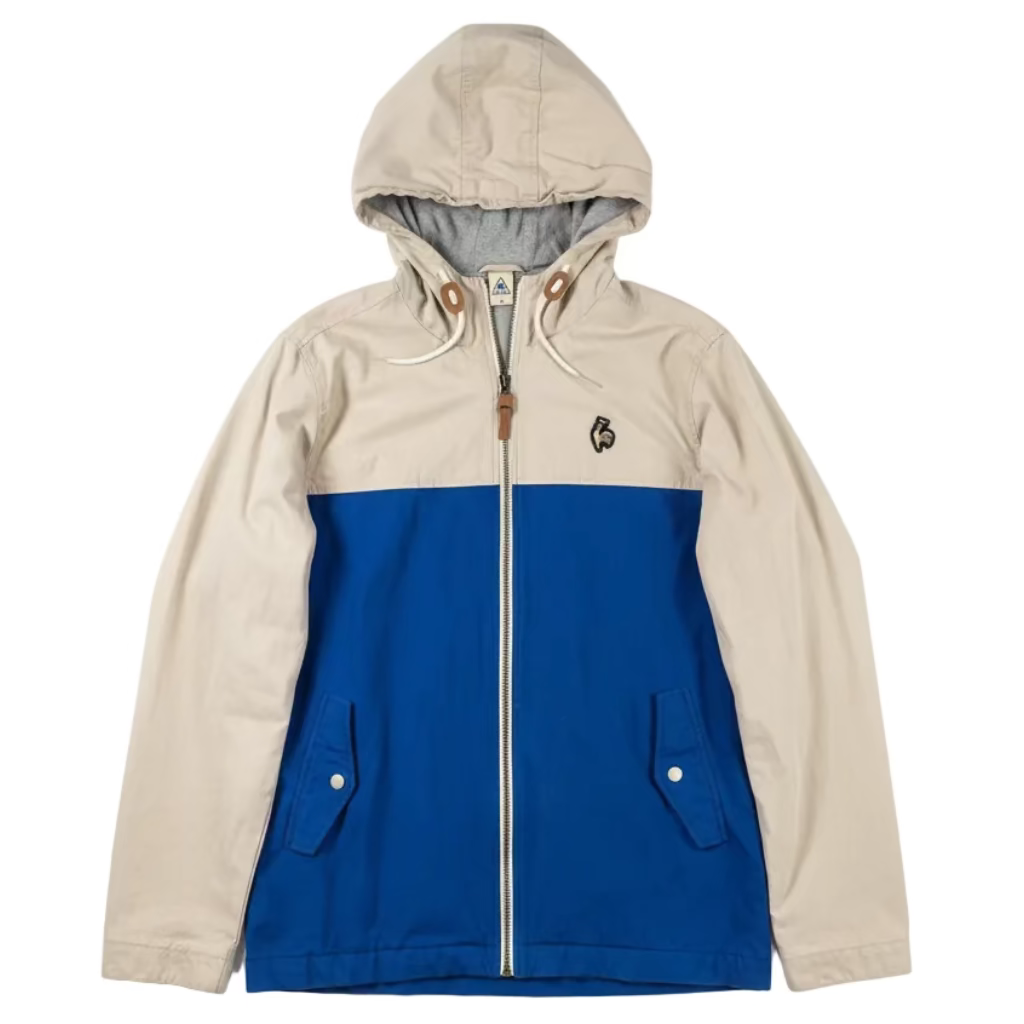 Two-tone jacket with beige hood and blue body on a white surface.